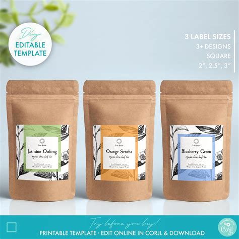 Editable Tea Packaging Label Template 3 Sizes Diy Printable Tea Pouch
