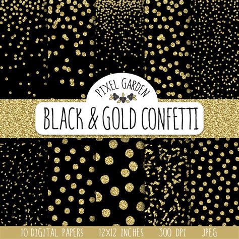 Gold Glitter Confetti Digital Paper Black And Gold Confetti Etsy