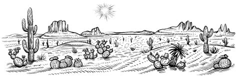 Desert Panorama Landscape Vector Illustration Arizona Line Sketch With