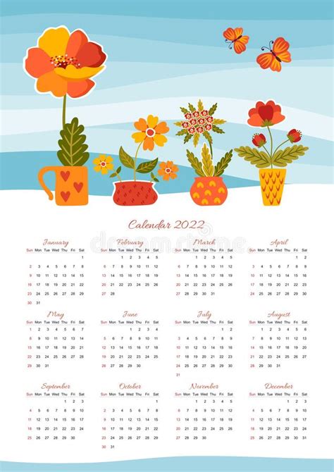 Beautiful Calendar Template For 2022 Year With Flowers In Pots And