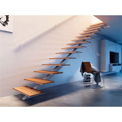 Home Wood Stair Straight Floating Staircase Single Beam Staircase