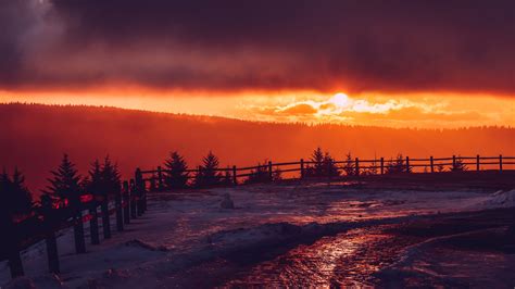 Wallpaper Id 15459 Mountains Snow Sunset Fence Winter 4k Free