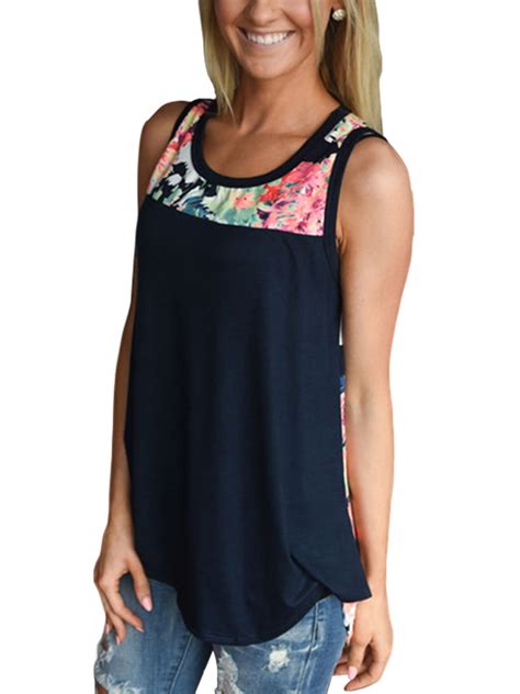 Womens Sleeveless Floral Printed T Shirt Summer Casual Tops Blouse