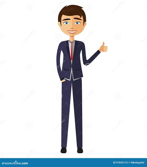 Glad Young Businessman Showing Thumb Up Flat Cartoon Illustration Stock