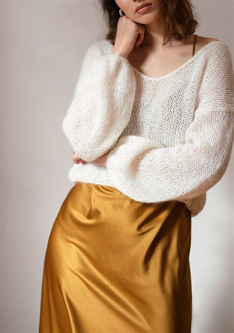 Knit Mohair Sweater Delicate Deep V Neck Pullover Loose Oversize Fit Slouchy Balloon Sleeves
