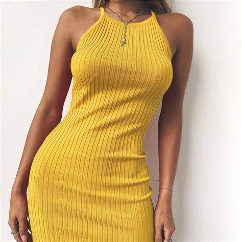 Buy Yellow Bodycon Dress Halter Neck Spaghetti Strap Autumn Bandage Dress Party