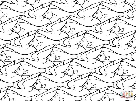 Bird Fish Tessellation By M C Escher Coloring Page Supercoloring