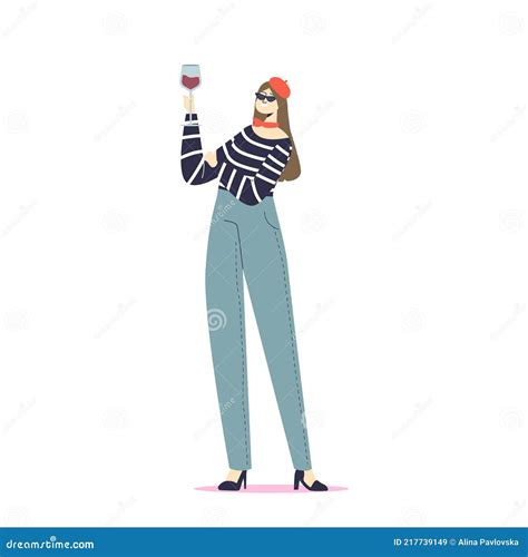 french girl in beret and sunglasses drinking red wine typical france cartoon character and