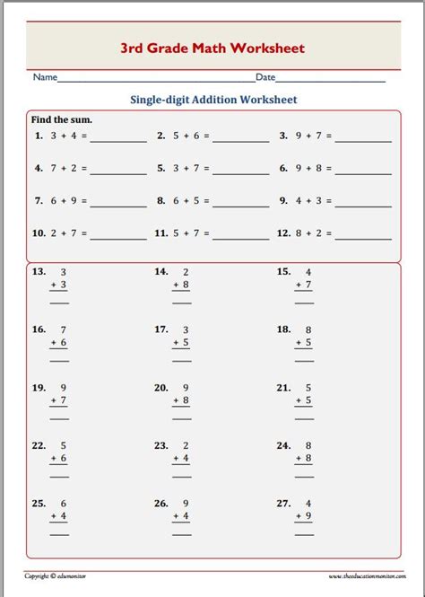 3rd Grade Math Single Digit Addition Worksheet Edumonitor