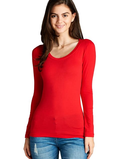 Womens Long Sleeve Scoop Neck Fitted Cotton Top Basic T Shirts Plus