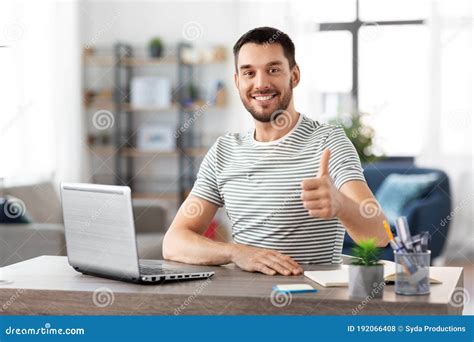 Happy Man With Laptop Working At Home Office Stock Photo Image Of