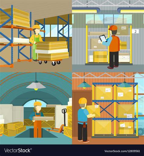 Set Warehouse Workers Characters At Work Vector Image
