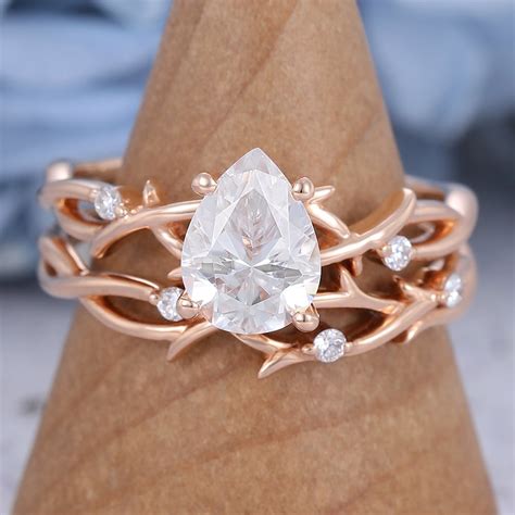 Pear Shape Moissanite Engagement Ring Vintage Rose Gold Engagement Ring