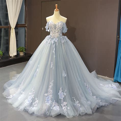 Glamorous Ball Gown Off The Shoulder Light Blue Long Promevening Dress With Appliques725