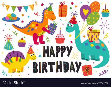 Set Isolated Cute Dinosaurs Happy Birthday Vector Image