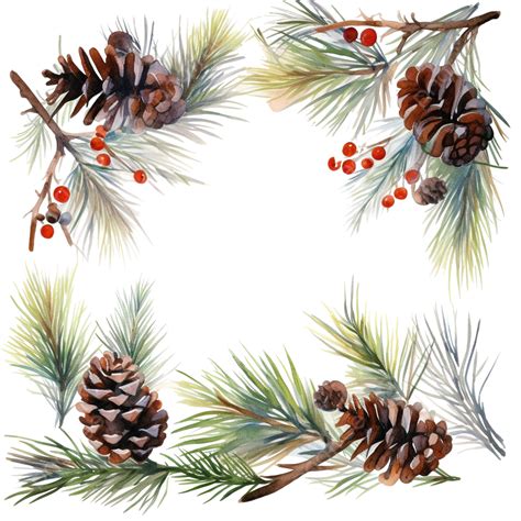 Christmas Frame Of Pine Branches And Cones Watercolor Christmas