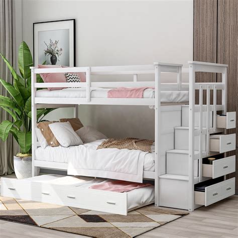 Amazon Com Bedz King Stairway Bunk Beds Twin Over Full With 4 Drawers In The Steps And A Twin