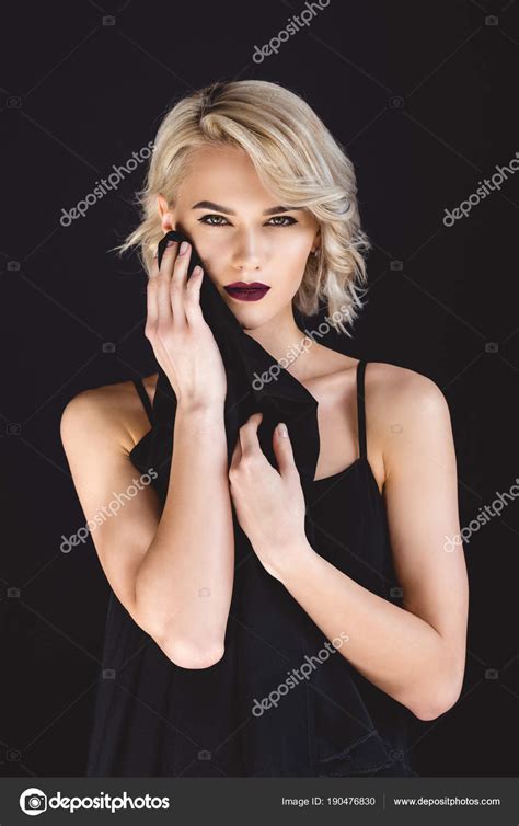 Attractive Girl Posing Elegant Black Dress Isolated Black Stock Photo