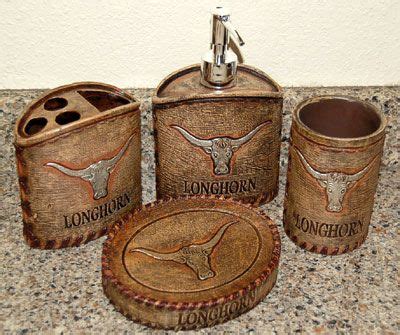 Texas longhorn bathroom vanity set our texas longhorn bathroom vanity set features a leather look lotion pump, toothbrush holder, soap dish and tumbler. Texas Longhorn Bathroom Vanity Set | Texas longhorns ...