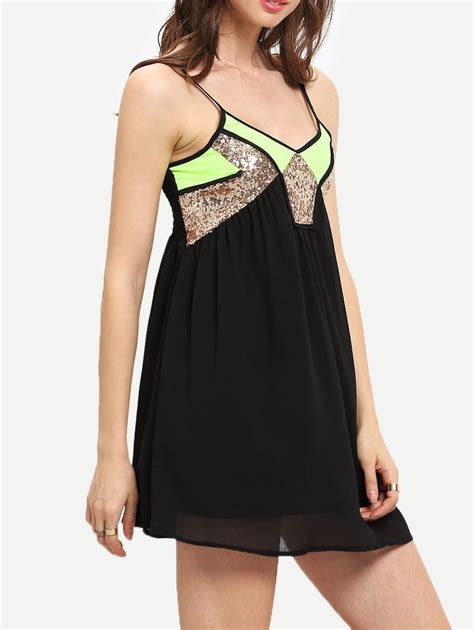 Black Spaghetti Strap Sequined Chiffon Dress Shein Sheinside