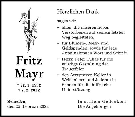 Traueranzeigen Von Fritz Mayr Augsburger Allgemeine Zeitung