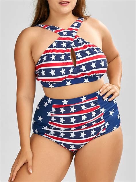 17 OFF 2021 American Flag Print High Waist Plus Size Bikini In BLUE