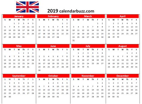 2019 Uk Calendar Printable Calendar Printables Printable Calendar