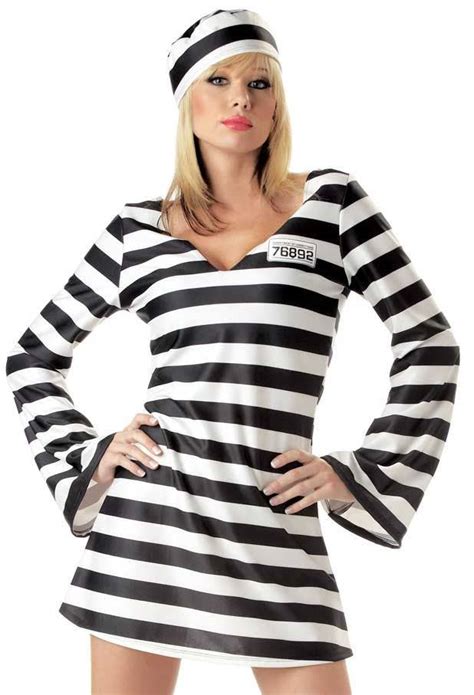 Sexy Convict Womens Costume Jailbird Prisoner Striped Fancy Dress