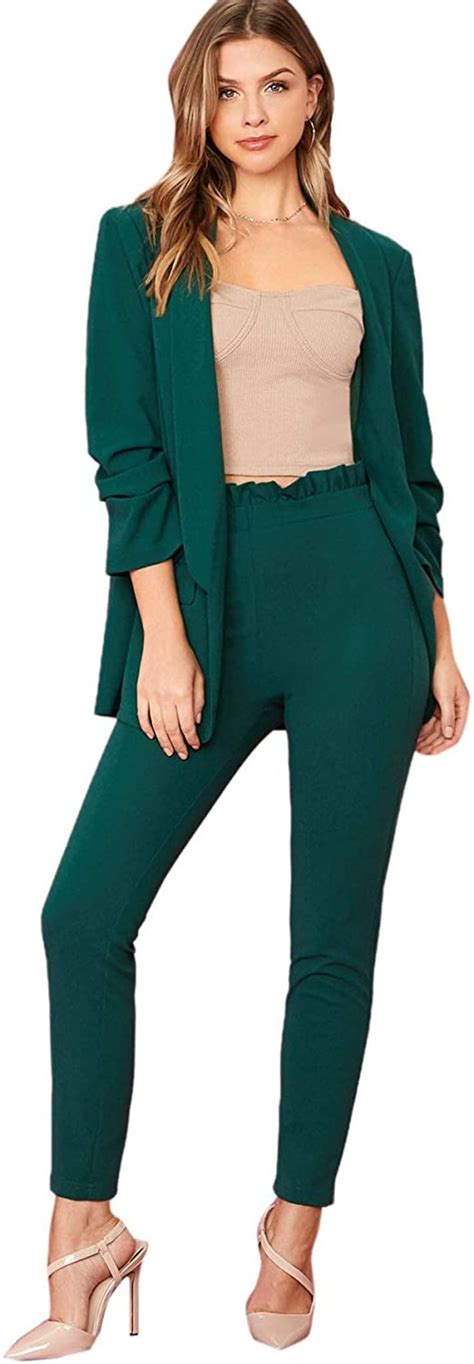 Shein Womens Two Piece Open Front Long Sleeve Blazer And Elastic Waist Solid Pant Set Suit In