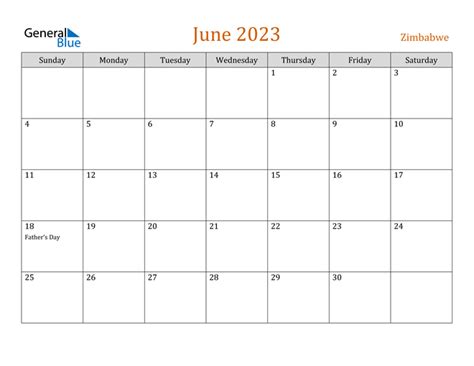 June 2023 Calendar With Zimbabwe Holidays