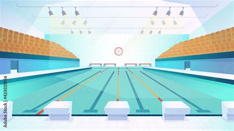 Vecteur Stock Swimming Pool Landing Page In Flat Cartoon Style Modern Indoor Stadium Pool With