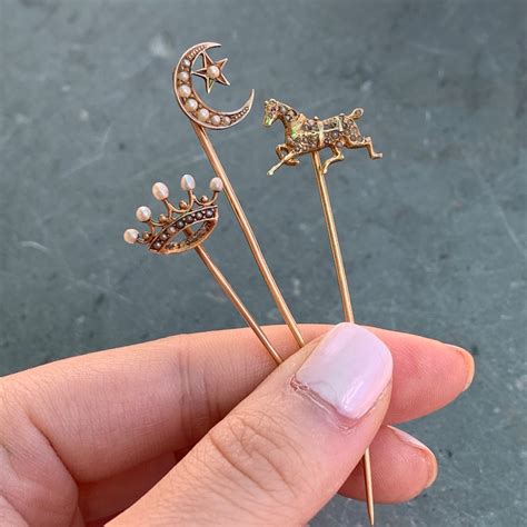 Antique 14k Gold Crown Seed Pearl Stick Pin Etsy