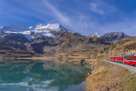 Lake Bianco At The Bernina Express Of Rhaetian Railway Line On A Autumn