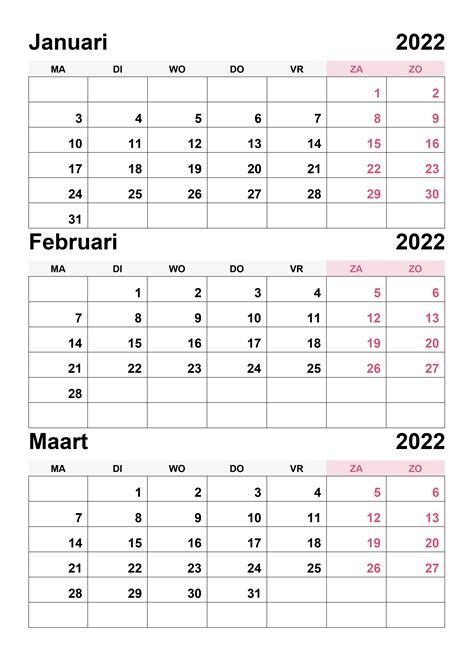 Kalender Januari Februari Maart 2022