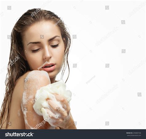 Beautiful Girl Washing Her Body Shower Gel Isolated On White Background Stock Photo