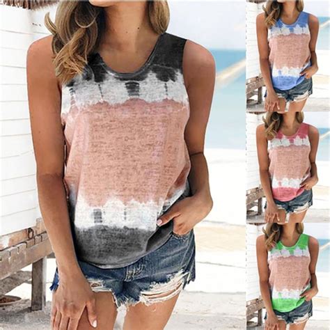 Buy Women Summer Fashion Round Neck Sleeveless Tie Dye Printing Slim