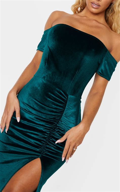 Emerald Green Velvet Bardot Ruched Skirt Midi Dress Prettylittlething