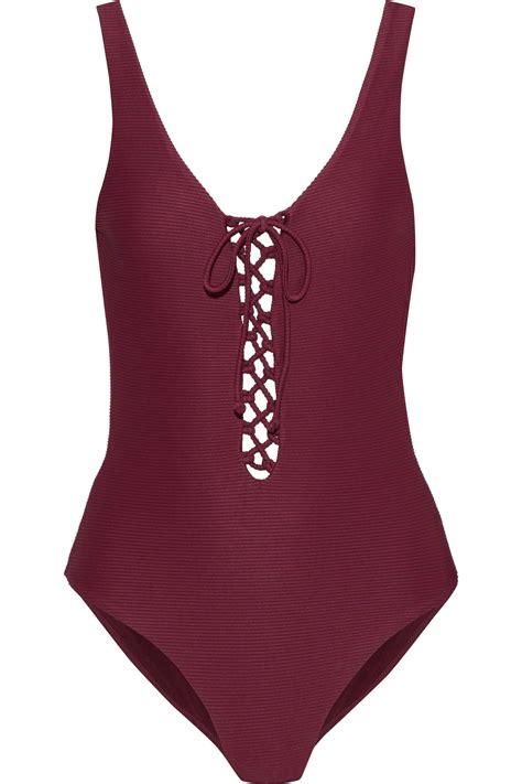 Onia Woman Bridget Lace Up Ribbed Swimsuit Burgundy In Purple Lyst