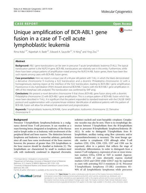 Pdf Unique Amplification Of Bcr Abl1 Gene Fusion In A Case Of T Cell