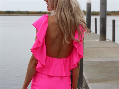 Neon Pink Low Open Back Ruffle Mini Dress By Designer Justyna