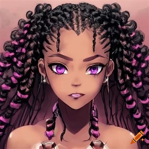 Anime Black Girl With Curly Braided Hair And Purple Eyes On Craiyon