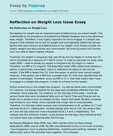 Reflection On Weight Loss Issue Free Essay Example