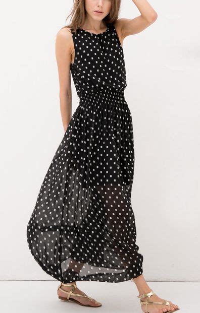 Polka Dots Print Black Sleeveless Maxi Chiffon Dress Fashion Polka