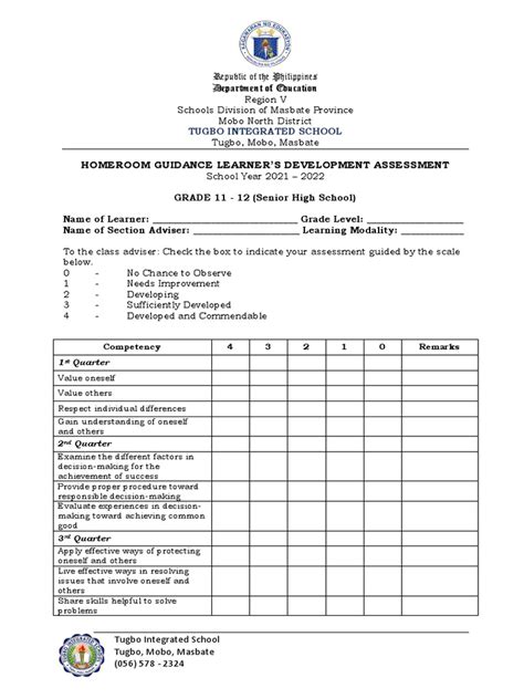 Grade 11 12 Homeroom Guidance Learners Development Assessment Pdf