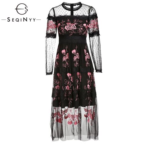 seqinyy summer dress high quality embroidery pink flowers 2019 fashion translucent dot mesh sexy
