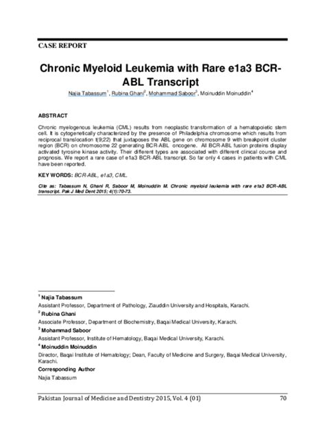 Pdf Chronic Myeloid Leukemia With Rare E1a3 Bcr Abl Transcript