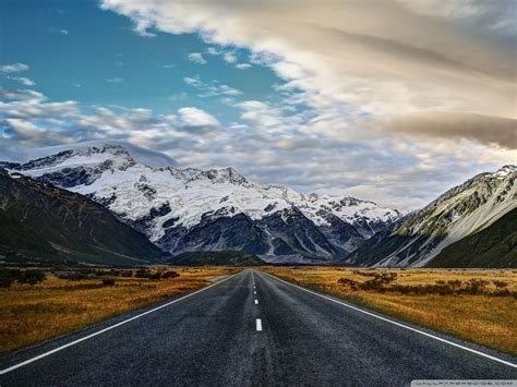 Snow Covered Mountain Road Mountains Clouds Nature Hd Wallpaper