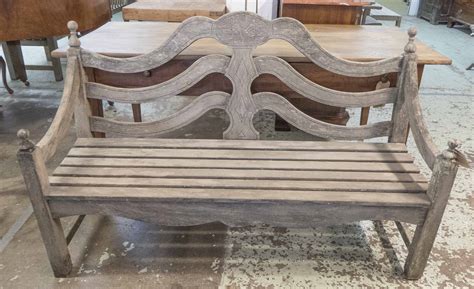 Garden Finial Bench Weathered Teak Slatted With Double Arched Back And Swept Arms With Finials
