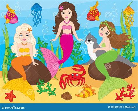 Vector Set Of Beautiful Mermaids And Sea Life Elements Stock Vector