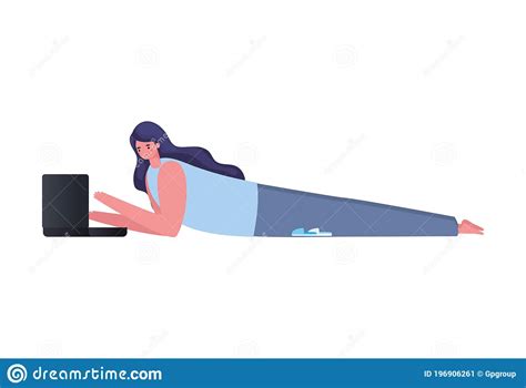 Woman Lying Down With Laptop Working Vector Design Stock Vector